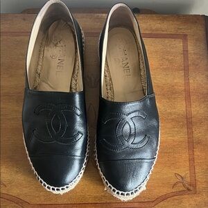CHANEL Black Leather CC Espadrille Flats